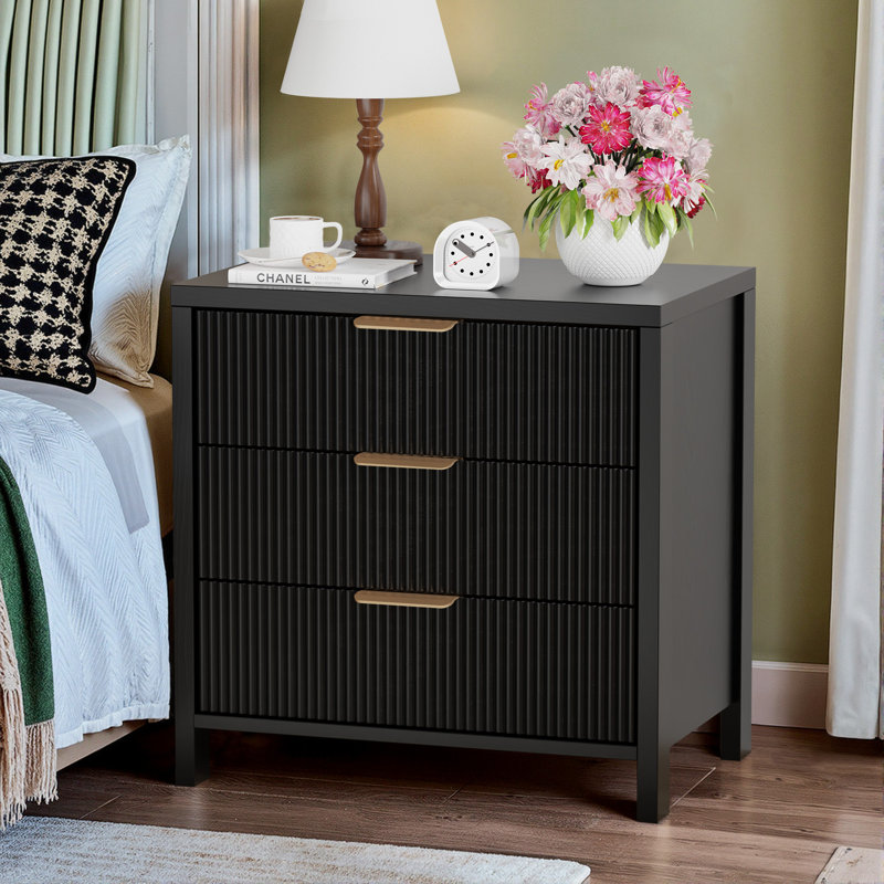 Modern Fluted Bedside Table with 3 Drawers, Black, Individual