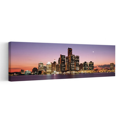 Night Skyline Detroit MI by Richard Sisk - Wrapped Canvas Panoramic Print