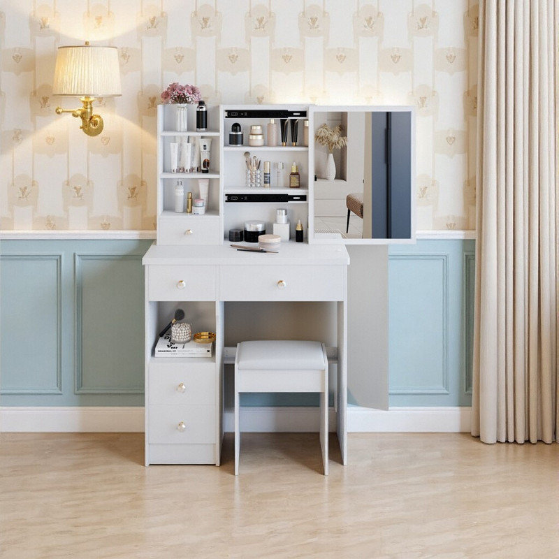 29 Inch Compact Vanity Desk with Sliding Mirror, Space-Saving Dressing Table and Stool Set, White