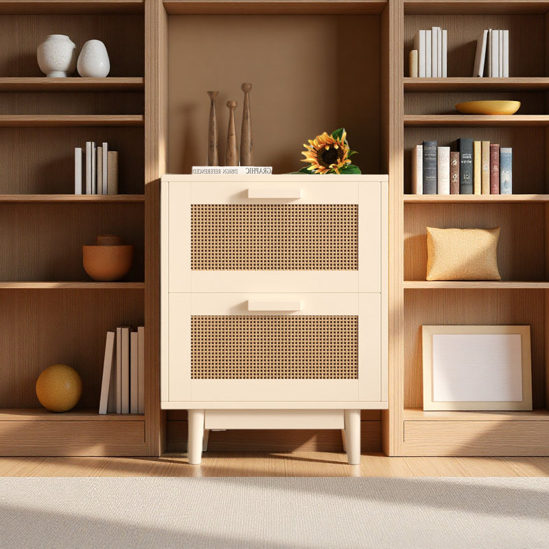 Rattan Nightstand, Wood End Table, Side Table With 2 Faux Rattan-Decorated Drawers