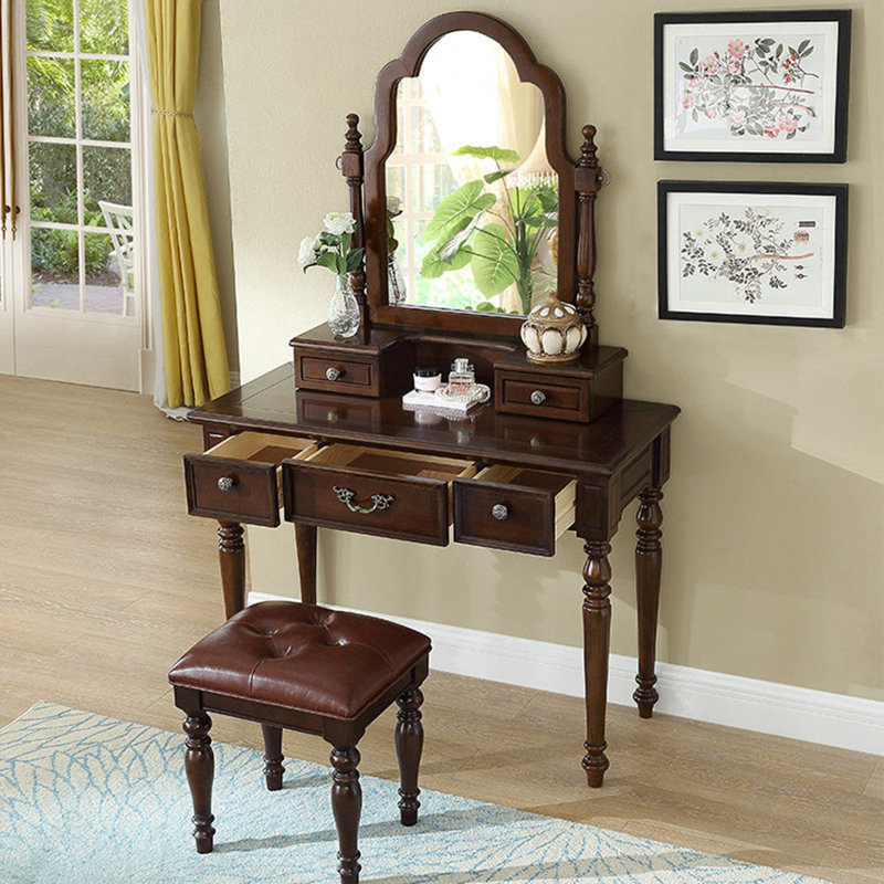 39.37"American-style solid wood brown dressing table with mirror