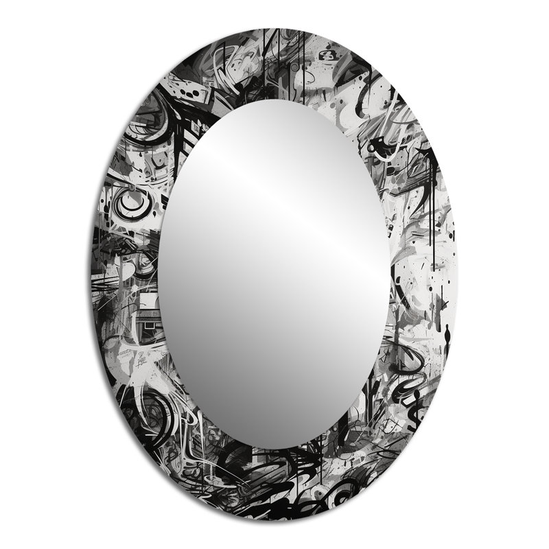 Noir et blanc graffiti cosmique II - miroir décoratif ovale abstrait sur métal, 40 po x 30 po