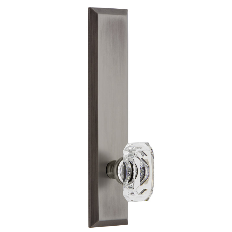 Grandeur Fifth Avenue Tall Plate Privacy with Baguette Clear Crystal Door Knob, 2 3/8", Left Handed, Antique Pewter