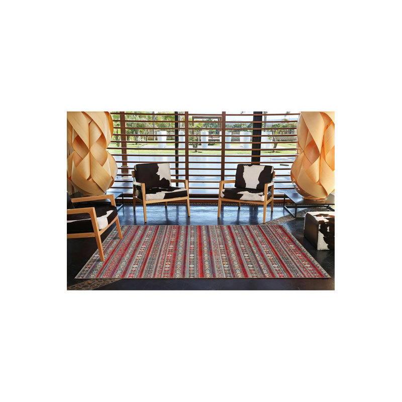 Tapis tissé à motif floral multicolore rouge à rayures multicolores, Sous-tapis rectangulaire 3 pi 11 po x 5 pi 11 po i