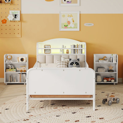 Base de lit plateforme simple en métal avec rangement léger et escamotable, tête de lit pour enfants, blanc