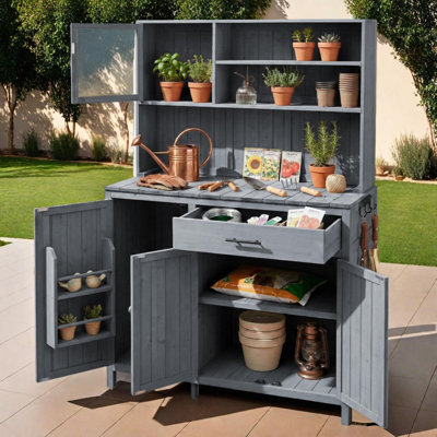 Banc de rempotage avec huche, poste de travail de jardin en bois de 65 pouces, grand comptoir, tablettes réglables et tiroir