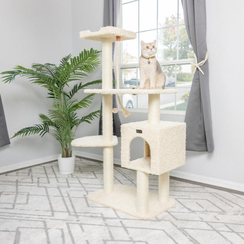 57" Beige Faux Fur and Sisal Cat Tree with Condo