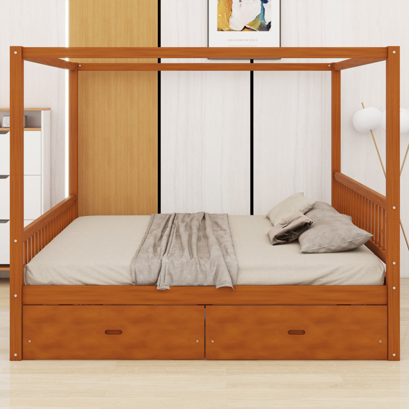 Traditional Wooden Canopy Bed with Practical Storage Drawers, Walnut, King