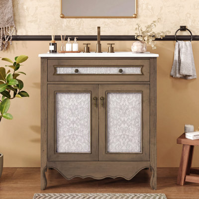 Meuble-lavabo de 30 po à motif antique avec lavabo rectangulaire en céramique, meuble-lavabo avec plateau basculant / tiroir rabattable, équipé de poignées antiques et de pieds en bois d'hévéa, brun clair rétro