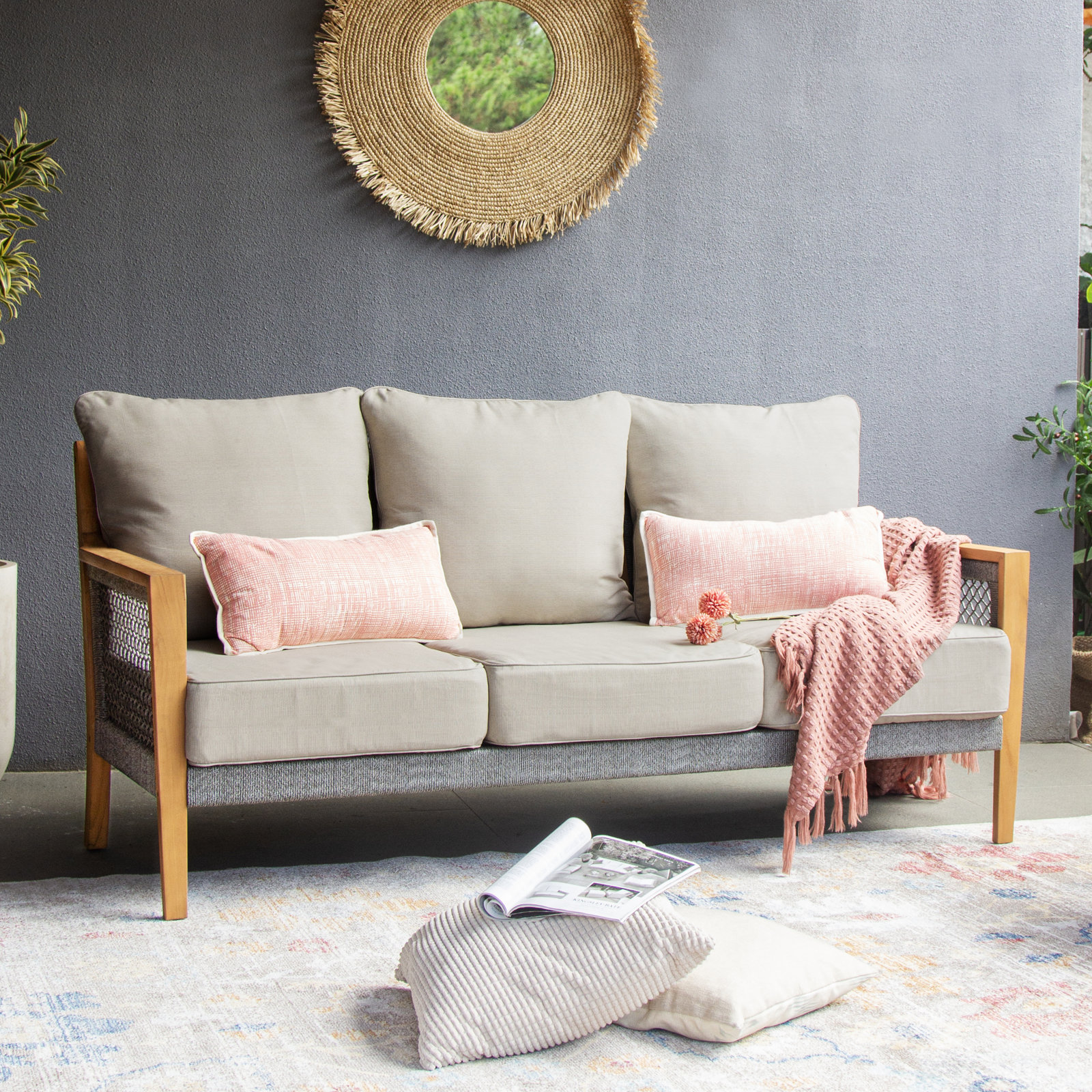 Wallace 76.25'' Wide Rectangle Teak Patio Sofa with Cushions, Beige