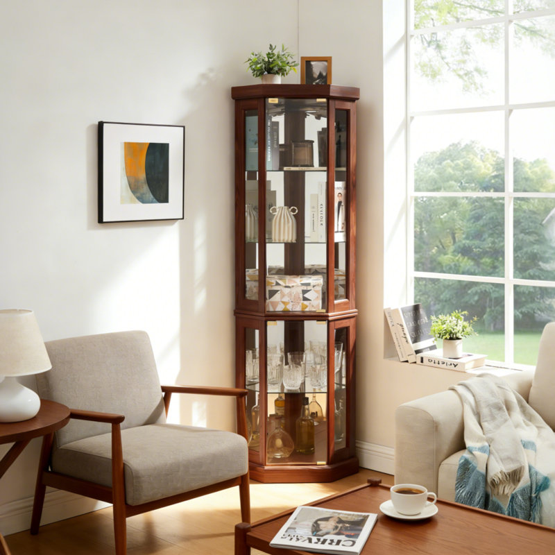 Lighted Corner Curio Cabinet - 5 Finishes (White/Cherry/Oak/Black/Dark Oak) - Collectibles & Wine Glass Display, Black Oak