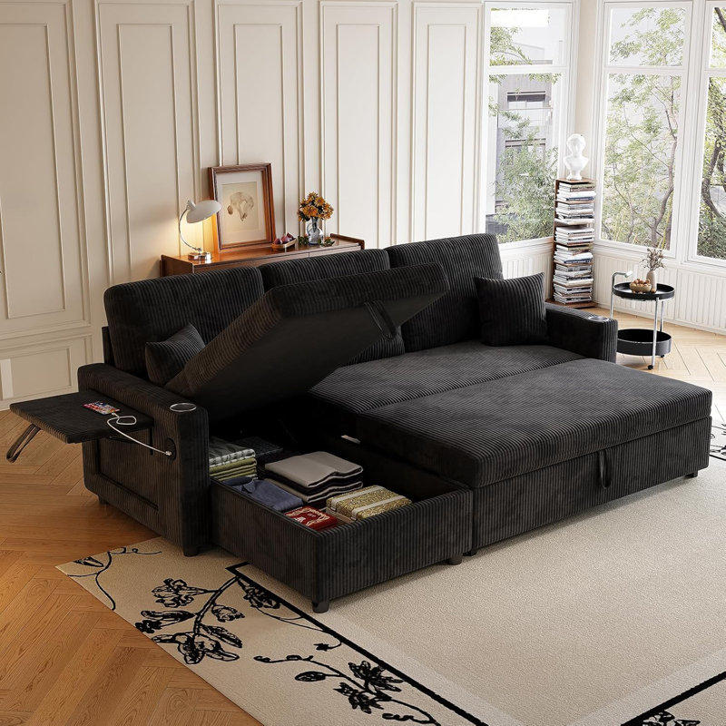 83'' L-Shaped Sleeper Sofa Reversible Couch Pull Out Couch With Storage Chaise, Black