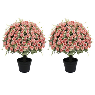 Décoration de roses artificielles de 24 pouces résistantes aux rayons UV, plantes artificielles florales réalistes convenant à un décor intérieur et extérieur (rose), 2 pots par / ensemble