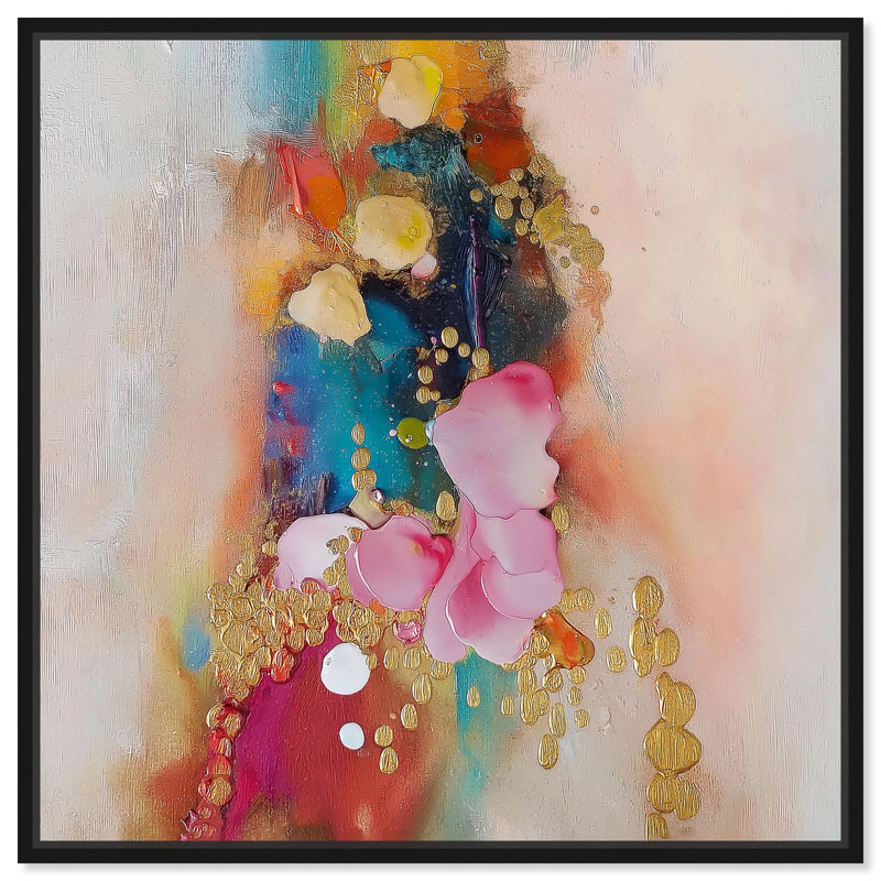«Explosive Rhythm II», toile abstraite colorée par , H 13 po x l 13 po, Cadre flottant noir