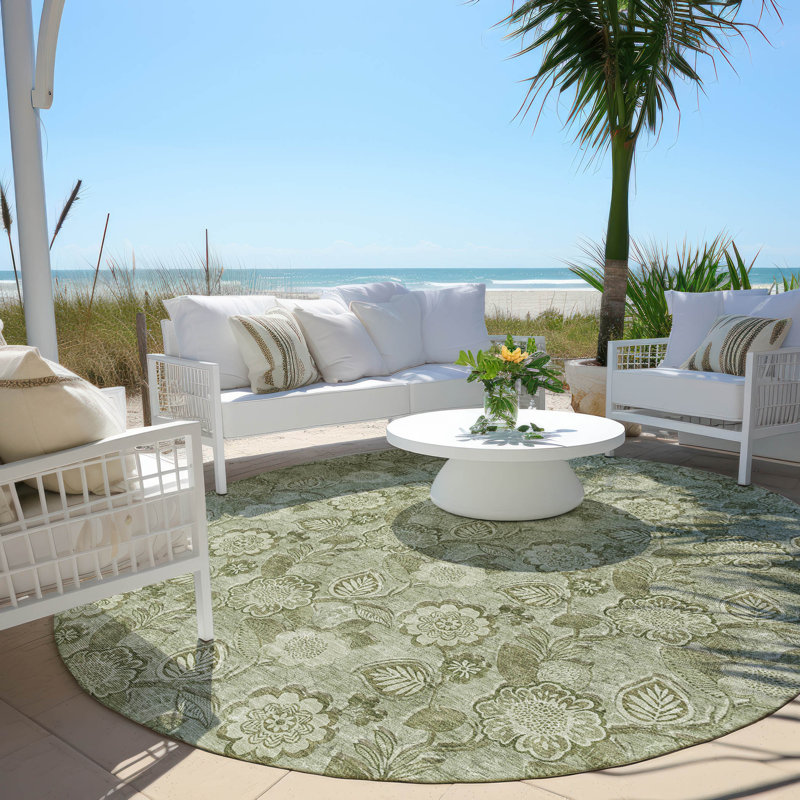 Machine Washable Indoor/Outdoor Xhevrie Aloe Rug, Round 8'