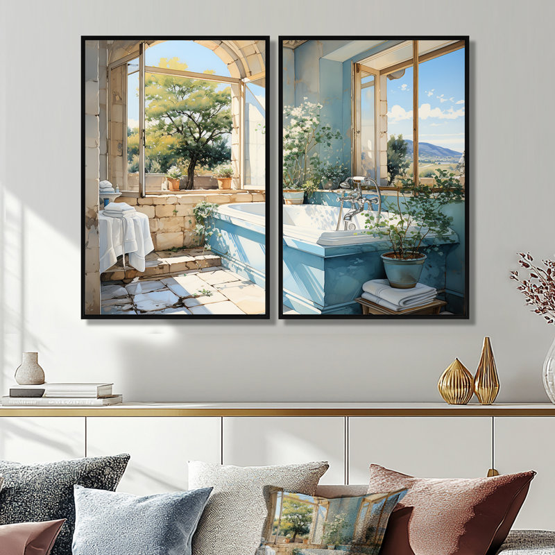 «Bathroom Bathroom Fresh» - art mural bleu, Black, 36" H x 48" W, Framed Print without Mat