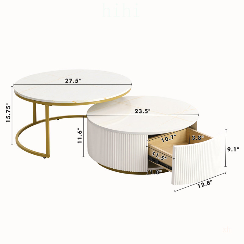 Table basse gigogne ronde moderne avec 2 grands tiroirs pour un rangement élégant et une décoration intérieure élégante, parfaite pour le salon