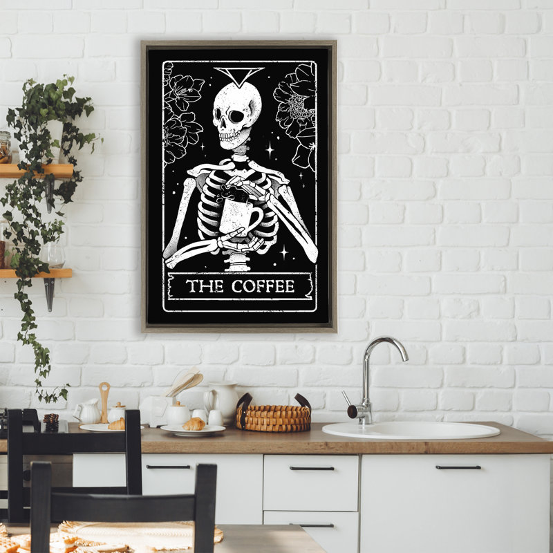 Cadre flottant The Coffee Skeleton Tarot, design par EduEly Designs, H 31 po x l 21 po, Cadre flottant orme Montalcino