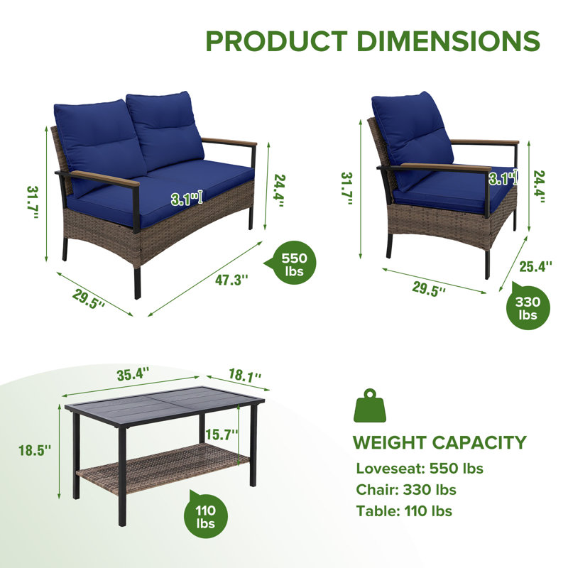 4 - Person Patio Conversation Set with Cushions, Blue