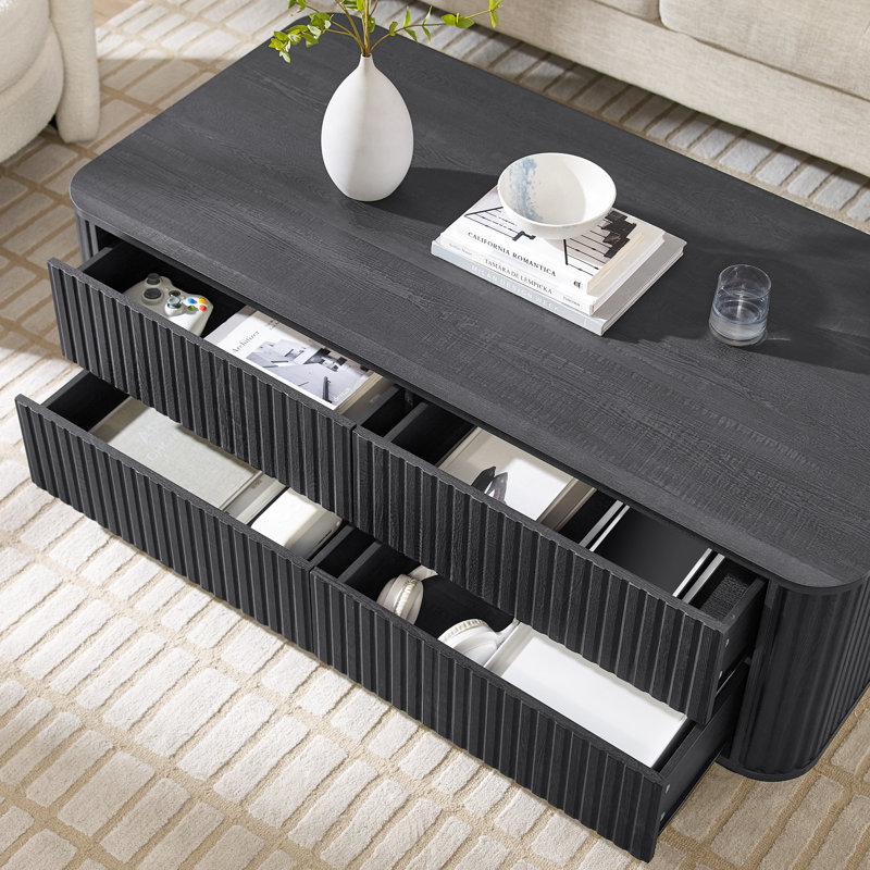 52"W Fluted Coffee Table with 4 Drawers, Black