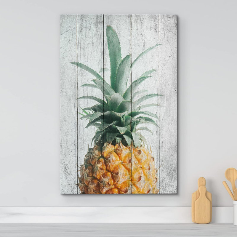 Ananas rétro sur bois avec impression sur toile, H 18 po x l 12 po x P 1,5 po