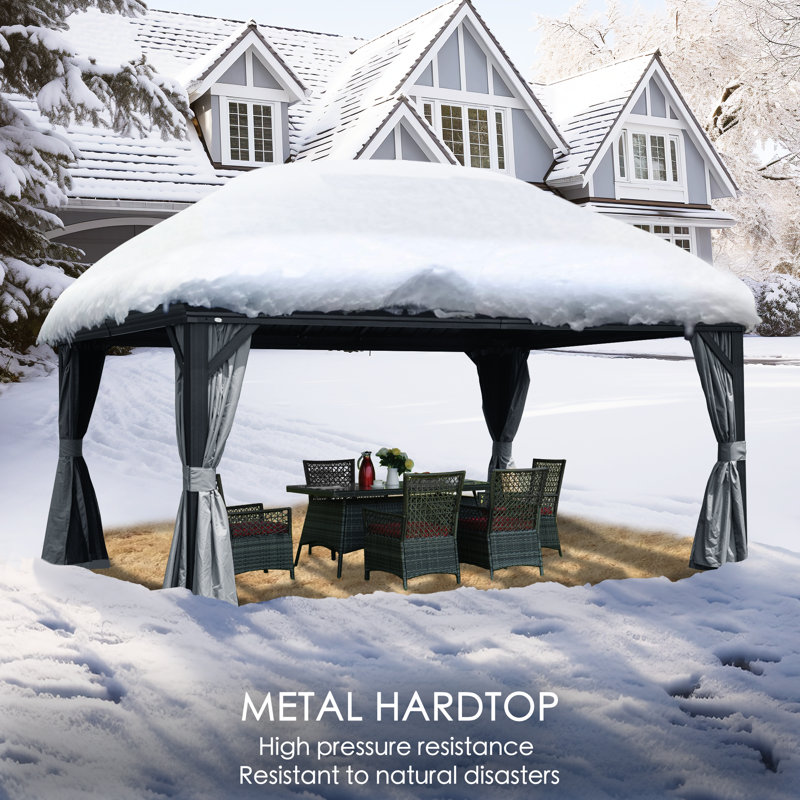 Gray 12x16ft Hardtop Gazebo with Nettings and Curtains