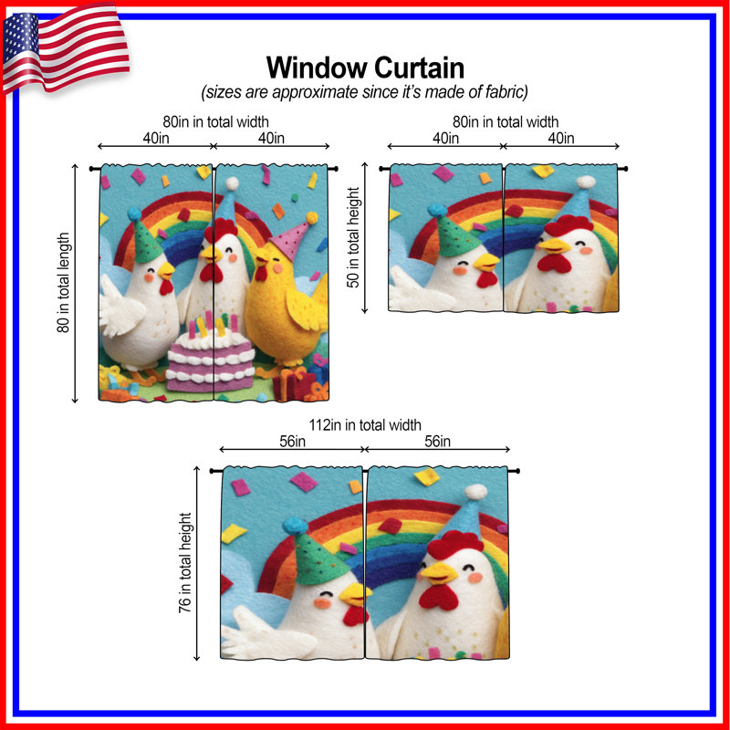 Rideaux de fenêtre Felt Chickens Birthday Cake, 20 po x 80 po - 2 panneaux, Transparent