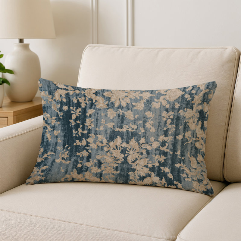 Coussin décoratif intérieur et extérieur Modern, Bleu sarcelle / beige / floral ivoire, Rectangle H 20 po x l 14 po