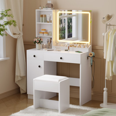Makeup Vanity Desk with Mirror, chair, 2 Drawers, 3 Color Modes Adjustable Bulb