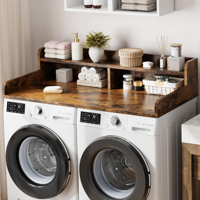 Wooden Washer Dryer Countertop 54 Inch with 2 Tier Shelf, Non Slip Mat and Safety Guard Rails for Laundry Room Storage Organization