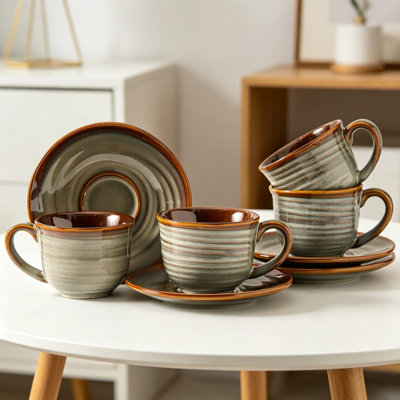 Ceramic Espresso Cups with Saucers 8 Oz, Set of 4 Cappuccino Mugs with Handle for Coffee, Tea, Latte and Macchiato, Porcelain Demitasse Cups for Kitchen and Cafe