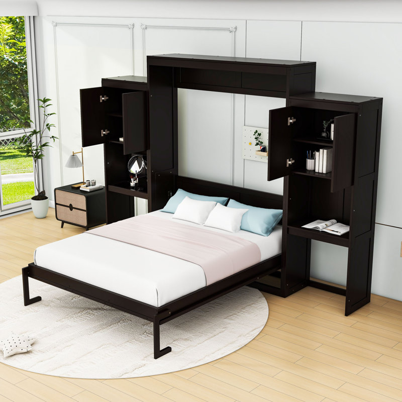 Grand lit escamotable en bois avec armoires, coiffeuse et bureau, Espresso