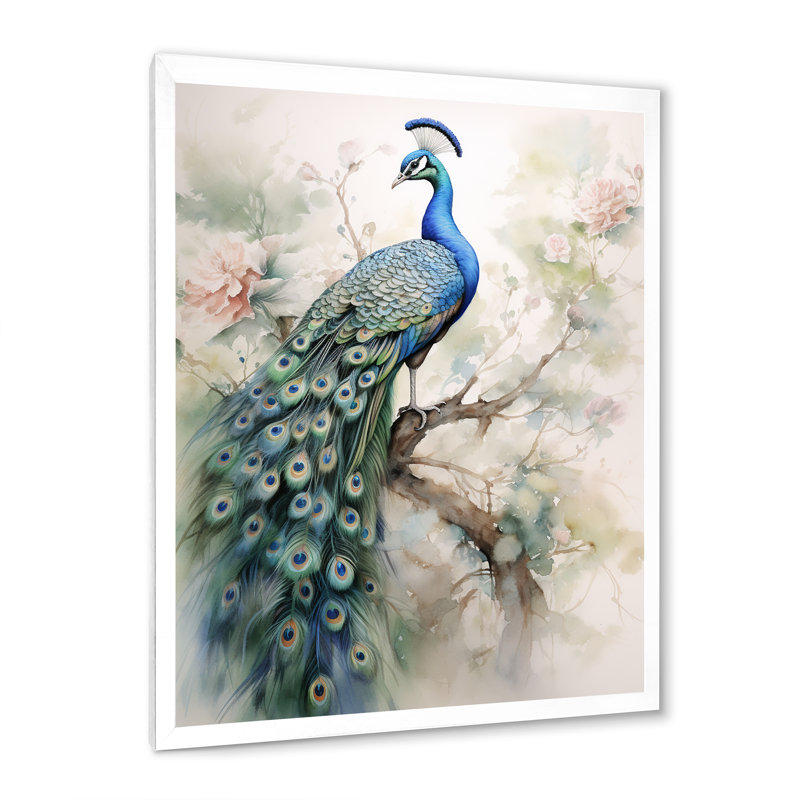 Baldassarre bleu encre délavée paon II - paon grand art mural, H 20 po x l 12 po, Cadre simple blanc