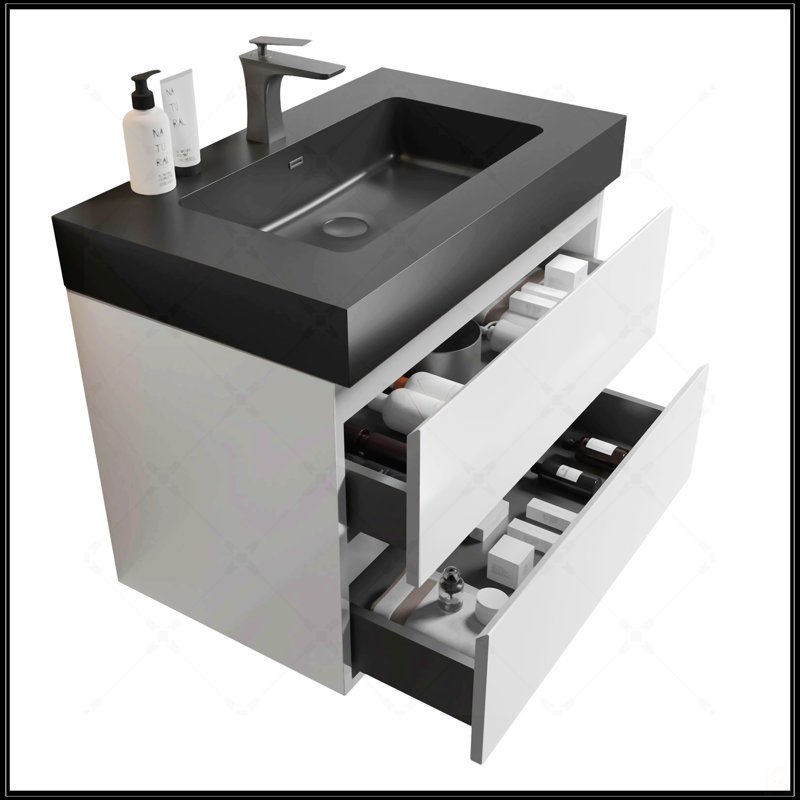 Meuble-lavabo flottant mural 36 po avec lavabo noir une pièce Alice, grand rangement pour salle de bain moderne, pré-assemblé