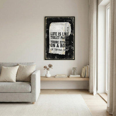 Toilet Paper Life Quote Canvas Wrapped Wall Art Oil Painting Print With Black Frame And Distressed Background Design For Bathroom Or Kitchen Decor