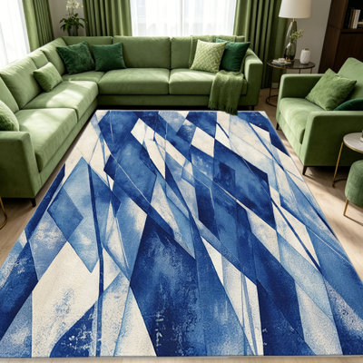 Tapis géométrique abstrait bleu blanc facile à nettoyer, lavable à la machine, doux et confortable; convient aux tapis de porte, aux cuisines, aux salons, aux chambres à coucher, aux couloirs et aux buanderies. Tapis facile à nettoyer et durable pour la décoration intérieure.