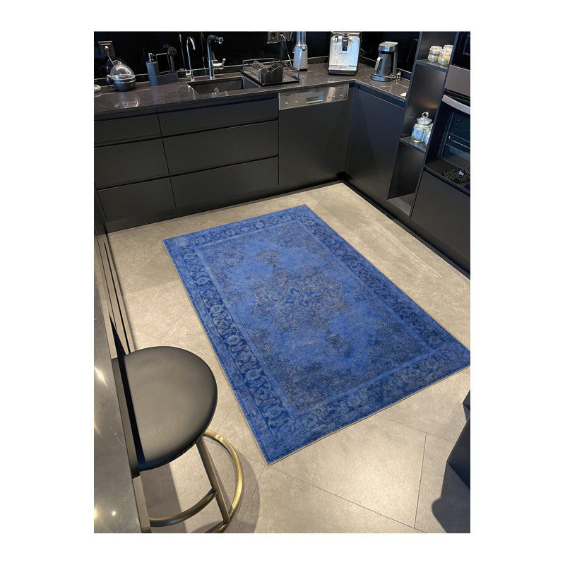 Tapis tissé de couleur bleu foncé lavable à motif traditionnel, Tapis de couloir 4 pi 11 po x 9 pi 10 po inclus