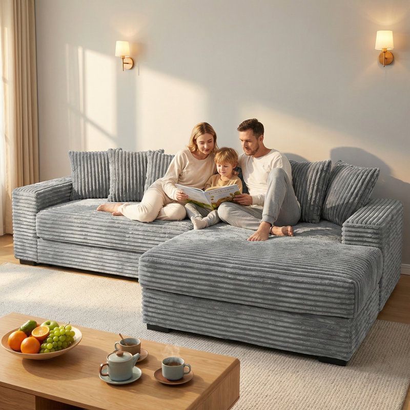 2 - Piece Corduroy Sectional Sofa Reversible Sleeper Couch with Chaise, Gray Corduroy