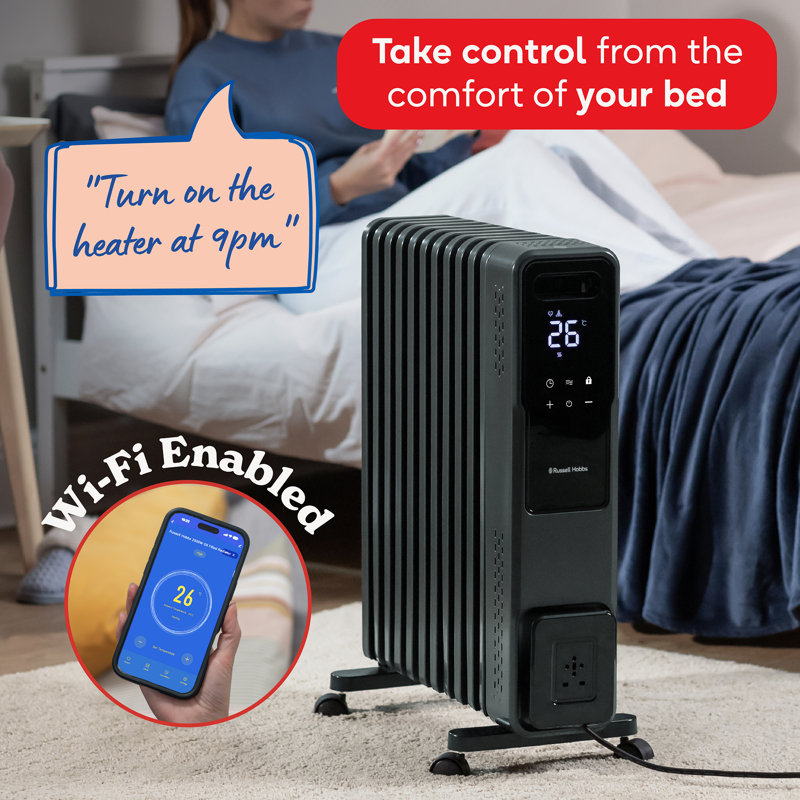 Russell Hobbs® RHOFR2500-M-D-SMT, Smart Wi-Fi Enabled 2500W 11 Fin Digital Oil Filled Radiator with M-Shaped Fins in Graphite