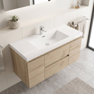 Meuble-lavabo mural en mélamine bois naturel de 122 cm (48 po), résistant à l'usure et aux égratignures, surface non poreuse et facile à nettoyer.