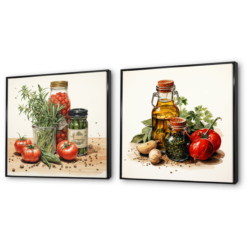 Ensemble de salon mural rouge et vert avec herbes parfumées I - Spices Wall Art, Cadre flottant noir