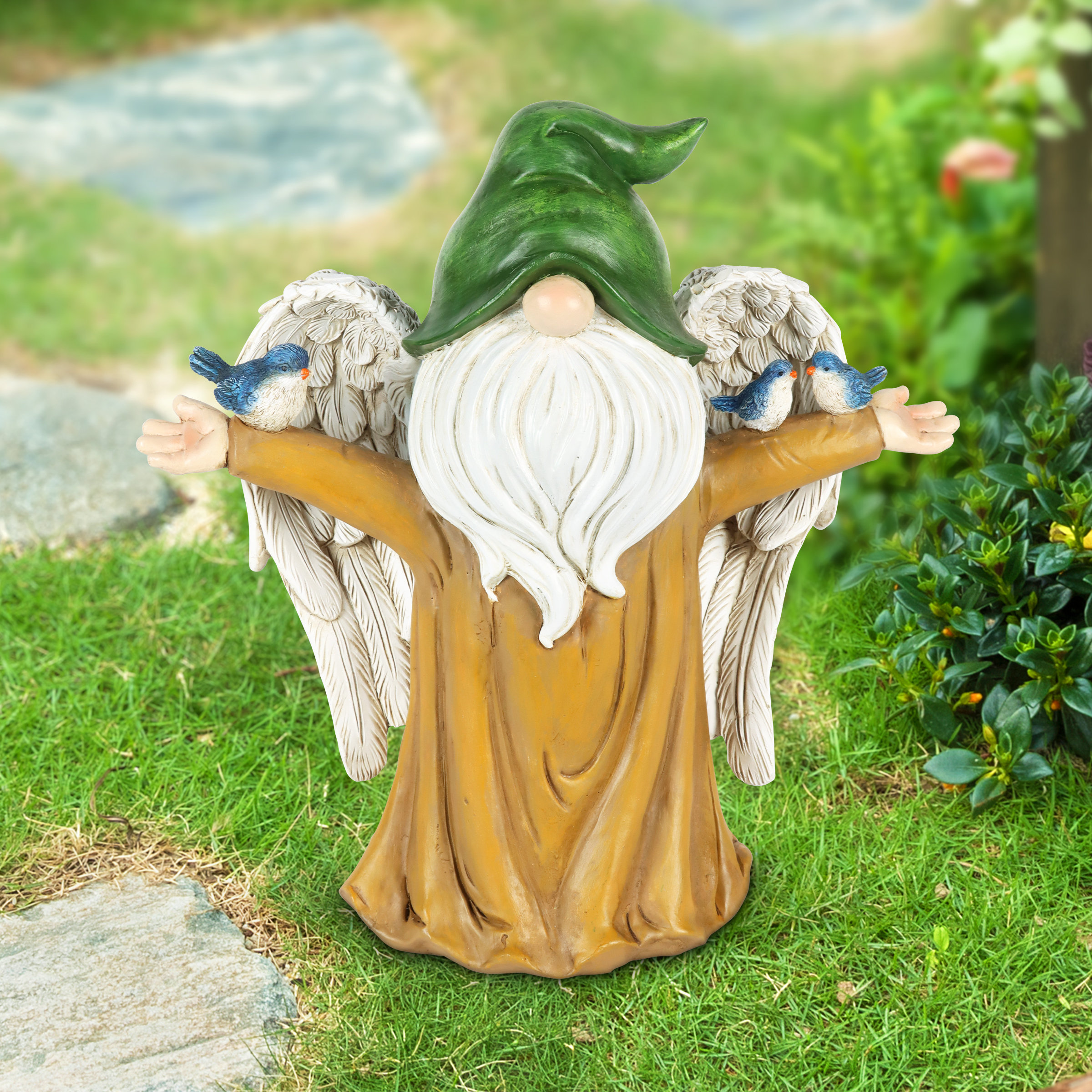 Exhart Angel Garden Gnome Statue With Wings, Birds, And Tree Trunk Body