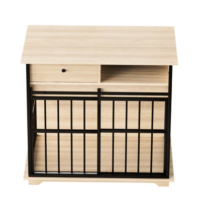 Cage pour chien spacieuse, plateau et rangement latéral, fer à repasser, poids du produit, tiroir lisse, amovible, mobilier de caisse de style industriel, deux compartiments, foyers multi-animaux, couleur bois noir, métal