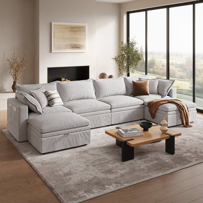 148" Down Cloud Couch, Oversized Modular Comfy Sofa for Living Room, U Shaped Sectional Couches with Detachable Sofa Cover, Storage Ottoman