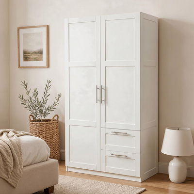 Armoire-penderie moderne de 180 cm de haut, meuble de rangement autoportant avec 2 portes, 2 tiroirs et 5 espaces de rangement pour chambre à coucher, blanc