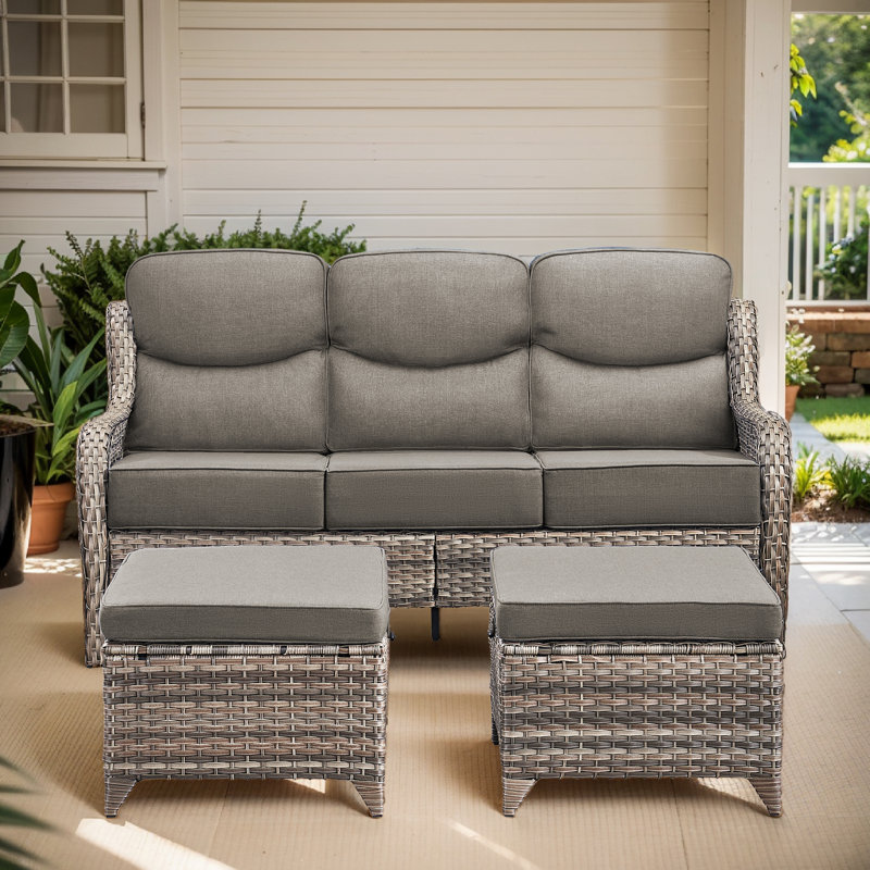 Deb 70.9" W Wicker Sofa with 6" D Cushions and Ottomans, Gray, Gray