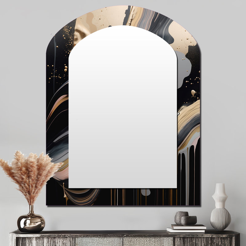 Gold And Black Marbled Euphoria III - Marble Asymmetrical Decorative Wall Mirror, Modern Arch Mirror, Printed Metal Art