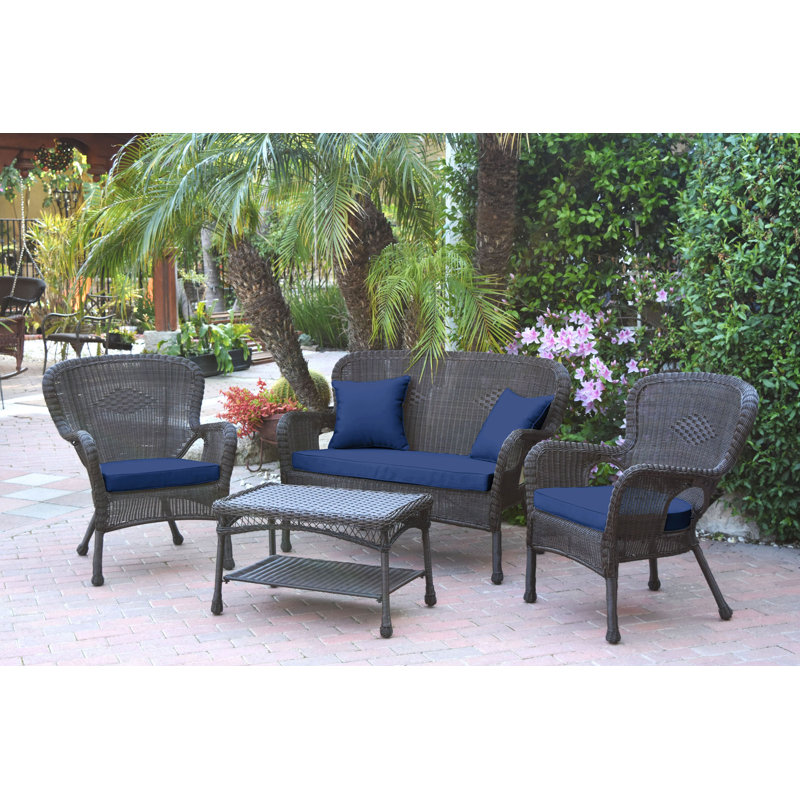 Bellas 4 Piece Sofa Set with Cushions, Blue, Espresso