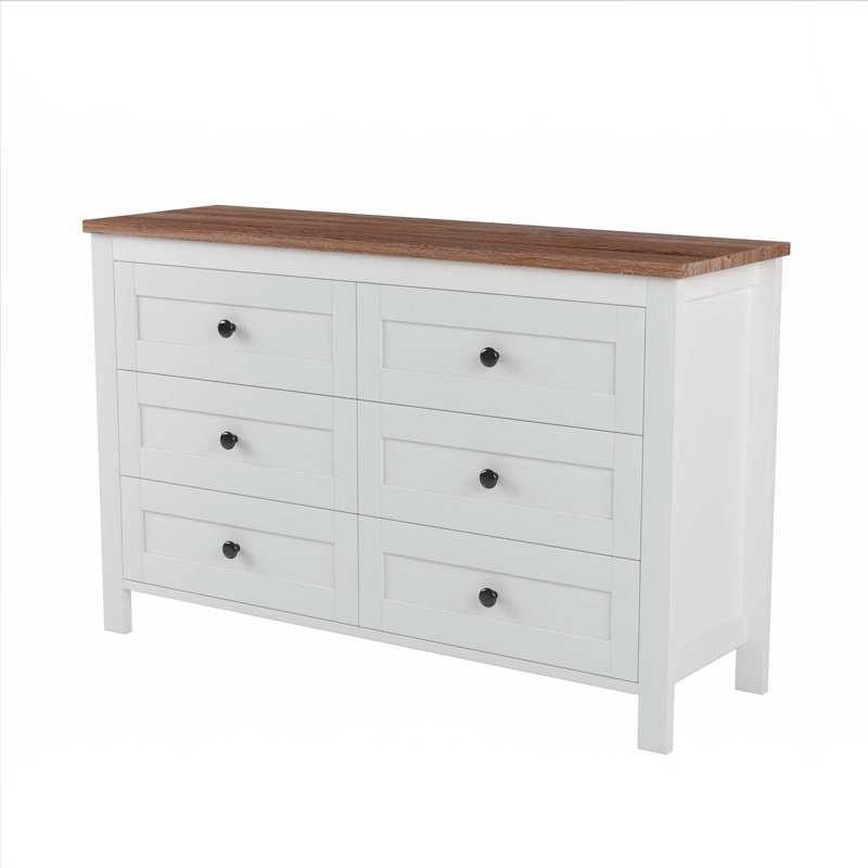 Commode en bois de style ferme avec 6 tiroirs, Blanc
