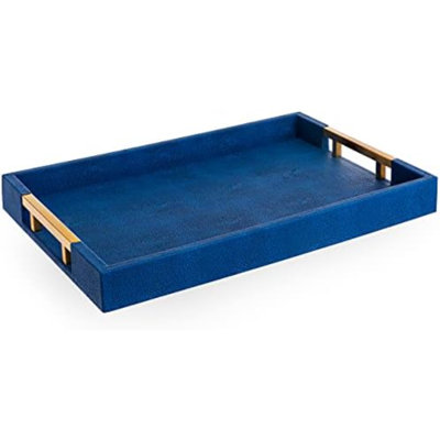 Modern Elegant 18”X12” Rectangle Navy Blue Faux Leather Shagreen Decorative Tray Ottoman Tray Coffee Table Perfume Living Room Kitchen Serving Tray With Brass Gold Metal Handles